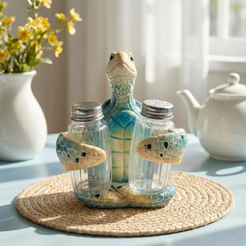 Blue Sea Turtle Salt and Pepper Shaker Holder Set - Coastal Kitchen Decor