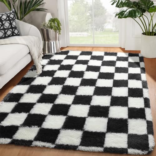 Checkered Area Rug 4x6, Soft Fluffy Shag Carpet for Bedroom and Living Room