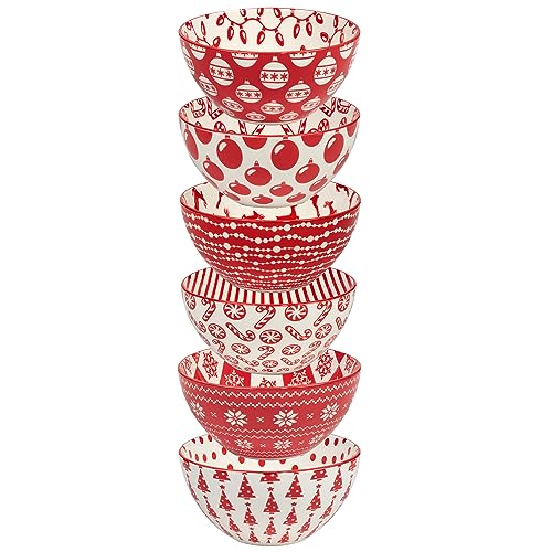 Peppermint Candy 13oz Porcelain Bowls Set of 6 - Christmas Holiday Snack & Dessert Serveware