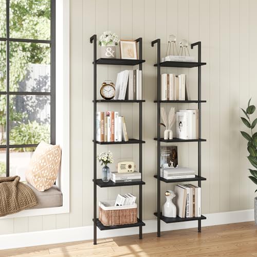 5-Tier Ladder Shelf, Wall Mounted Bookshelf with Metal Frame, Black