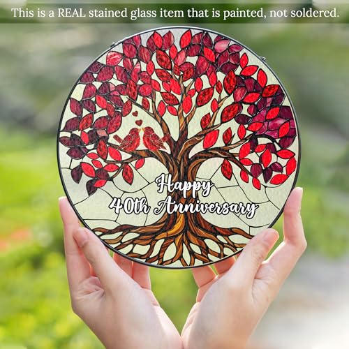 40th Wedding Anniversary Stained Glass Suncatcher - Ruby Tree of Life Gift