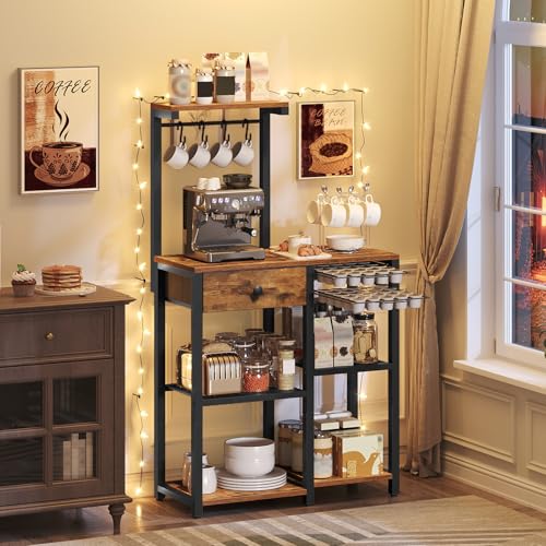 YATINEY Rustic Brown & Black 5-Tier Coffee Bar Rack with Storage & Pod Holder