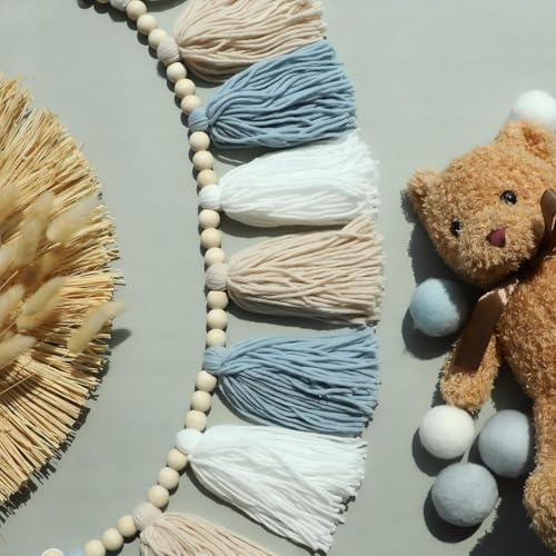 Boho Blue Tassel Garland with Wood Beads for Nursery and Home Decor