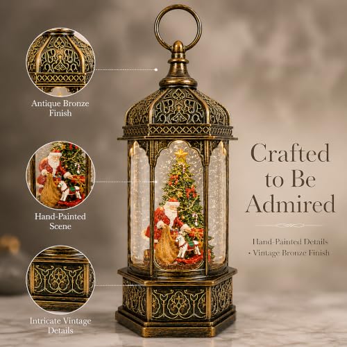 Kukuzon Santa Claus Gifts Lighted Christmas Snow Globe Lantern, Musical Scene, 8 Songs, Swirling Glitter, Indoor Holiday Decor, 9"