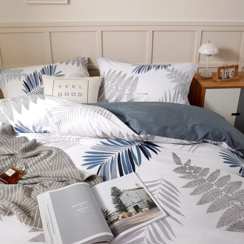 100% Cotton King Duvet Cover Set - 3-Piece Blue Leaf Bedding with Zipper & Ties