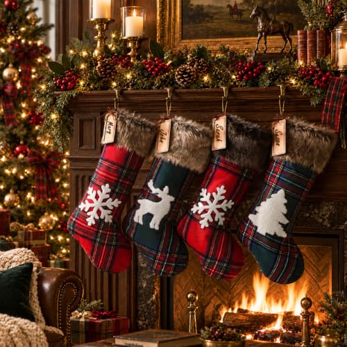 Heritage 18in Christmas Stockings Set of 4 with Faux Fur Cuff & Personalizable Leather Tags