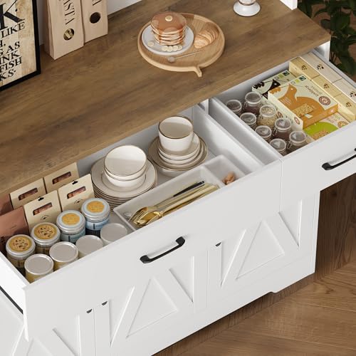 71" Tall Farmhouse Kitchen Pantry Cabinet with Charging Station, White