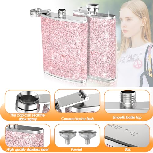 Hianjoo Pink 8oz Leakproof Stainless Steel Hip Flask Set for Women, Portable Camping & Gifting