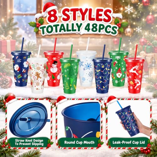 Chuangdi 48Pcs Christmas Cups with Lids & Straws - 24oz, White/Red/Green/Blue, Includes Santa, Snowflake, Gingerbread Designs