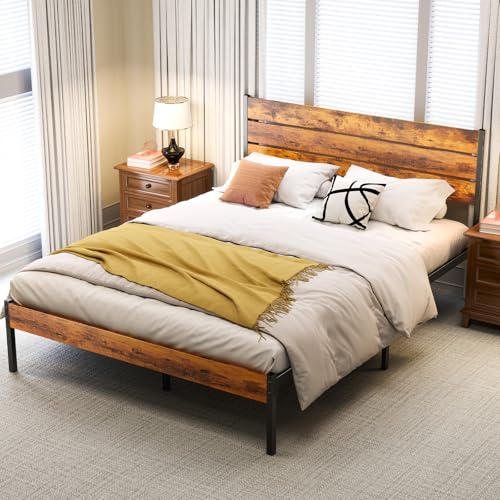 Full Size Metal Bed Frame with Rustic Headboard and Under Bed Storage