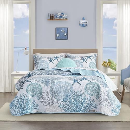 3-Piece Coastal Quilt Set Full/Queen - Soft Beach Nautical Bedspread