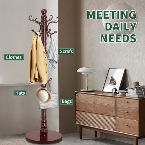 OIRUMIE Vintage Wooden Coat Rack with 14 Hooks - Triangle Base, Adjustable Height