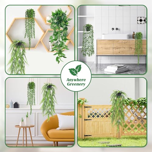 4-Pack Artificial Hanging Plants in Black Pots - Faux Cascading Vine Wall Decor