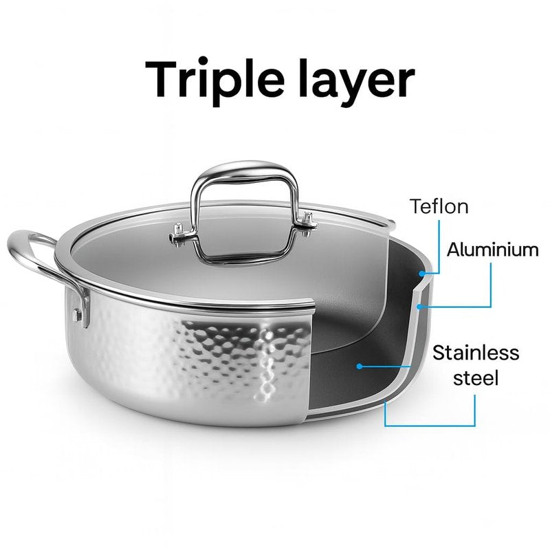 11.3 Inch Stainless Steel Saute Pan with Lid, Tri-Ply Saute 5-Quart, Induction Large Skillet, Deep Frying Pan, PFOA free, Non-Stick Coating, Dishwasher & Oven Safe, Suitable for Induction & Gas