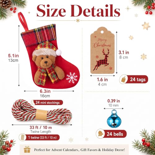 24-pack Mini White Fur Christmas Stockings with Embroidered Snowflake & Holiday Character Mix