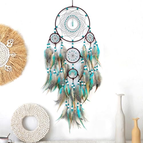 Large Boho Dream Catcher Wall Hanging, Handmade Turquoise Feather Decor