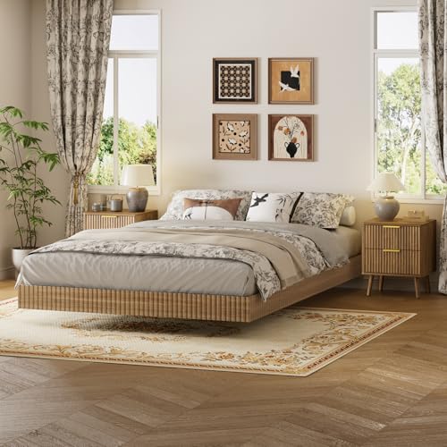 3-Piece Queen Floating Bed Frame Set with LED Lights and 2 Nightstands