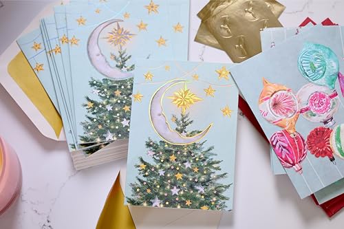 Papyrus Christmas Cards Boxed Set with Envelopes & Gold Seals - Magic of the Season, FSC Sonata Moon Tree Topper Variant, 14 Count