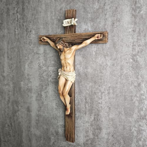 10-Inch Crucifix Wall Cross - Hand-Painted Stone Resin Religious Art