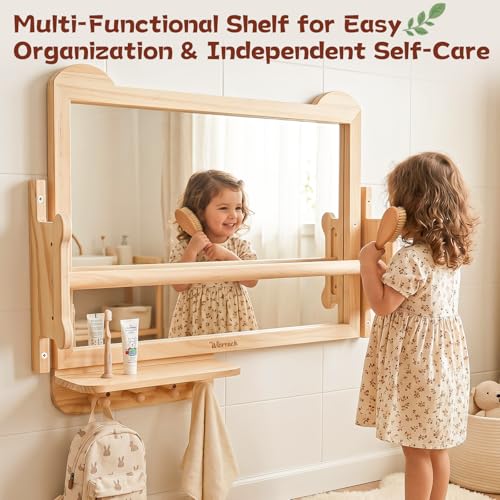 Montessori Baby Mirror with Adjustable Pull-Up Bar & Storage Shelf
