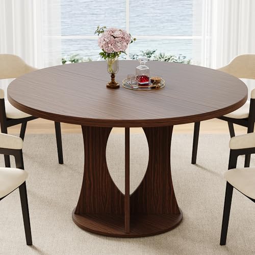 47-Inch Round Wooden Dining Table, Modern Pedestal Kitchen Table, Walnut