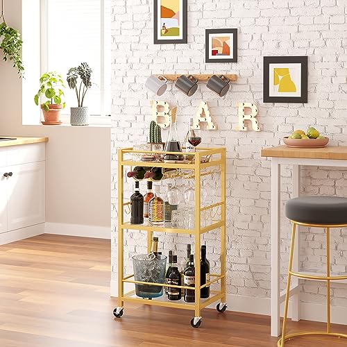 3-Tier Gold Bar Cart with Mirrored Shelves, Wine Rack, and Glass Holder