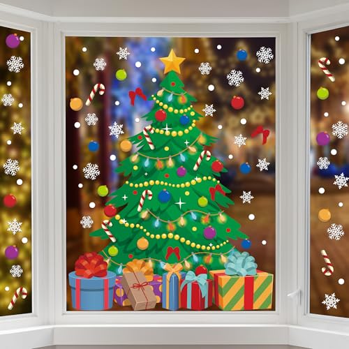 Augisteen Reusable 2-Piece Christmas Tree & Snowflake Window Clings - Large Holiday Decals for Glass & Home Decor