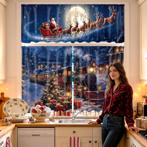 Breling Night View Christmas Kitchen Curtains Set – Santa Sleigh Reindeer Snowy Night Valance & 2 Tier Panels