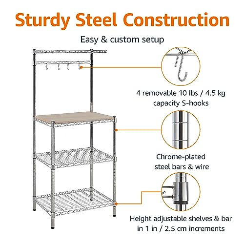 Amazon Basics Kitchen Baker's Rack 18" D x 24" W x 59" H Chrome Steel with Removable Wood Top