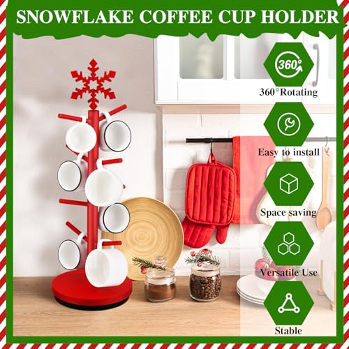 Red Snowflake Christmas Mug Tree Holder with 8 Hooks - Wooden Coffee Cup Organizer