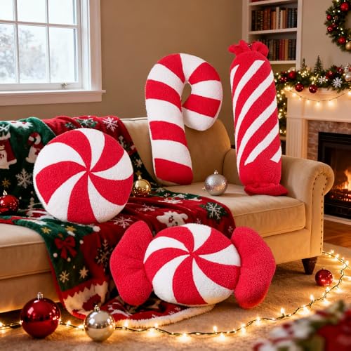 Lanpn Red Candy Pillows 4pk Set - 12x22, 12x21, 7x27, 12x13 inch Christmas Cushions