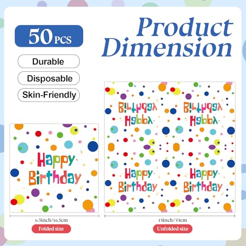50PCS Colorful Dot Happy Birthday Paper Napkins 13x13in Decorative Party Supplies