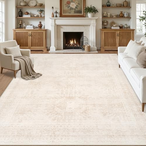 8x10 Machine Washable Area Rug - Neutral Beige Vintage Boho Non-Slip Carpet