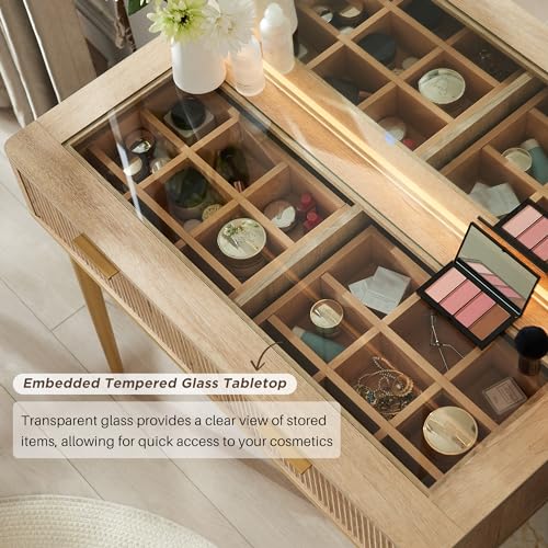 Fluted Makeup Vanity Desk with 36" Lighted Mirror and 5 Drawers, Oak