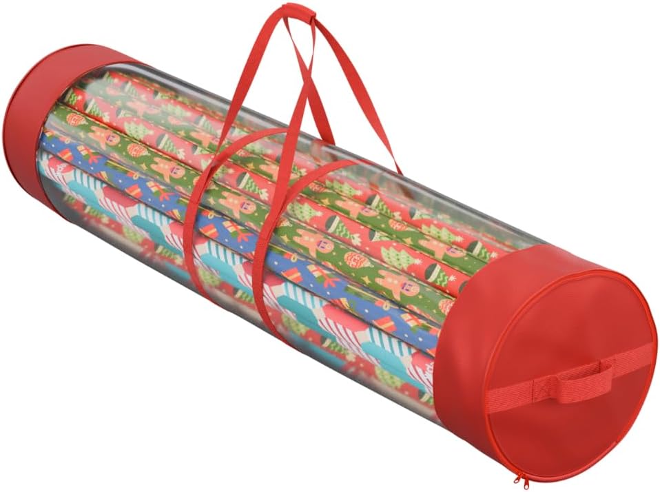 ProPik Gift Wrap Organizer - Heavy Duty Wrapping Paper Storage Bag for 24 Rolls | 40 Inch Long, Red & Clear
