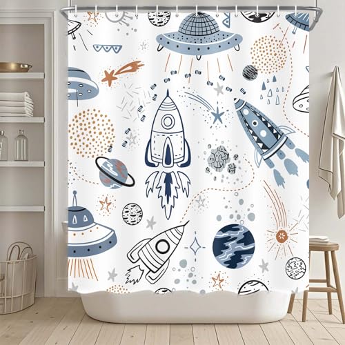 Space Shower Curtain for Kids, Waterproof Galaxy Planet Bathroom Decor