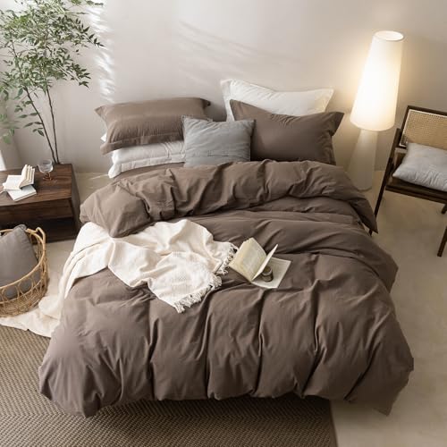 100% Washed Cotton Queen Duvet Cover Set - Light Chocolate Brown, 3 Piece