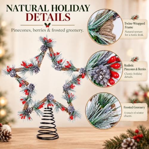 Rustic Christmas Tree Topper Star with Red Berries and Jute Rope - 3D Farmhouse Decor