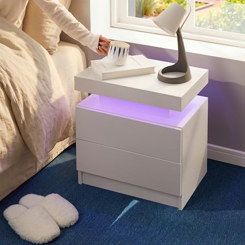 Modern White 2-Drawer Nightstand Set with App-Controlled RGB LED Lights