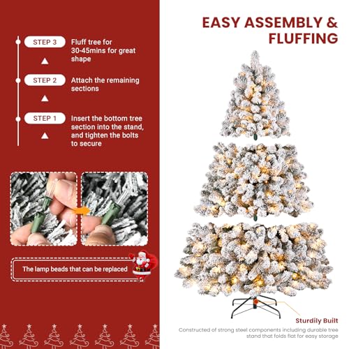 Snow Flocked Artificial Christmas Tree 7.5ft with Warm Lights & Hinged Branches - White