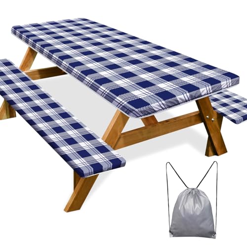 Waterproof Fitted Picnic Table Cover with Bench Covers - 6ft Blue Checkered