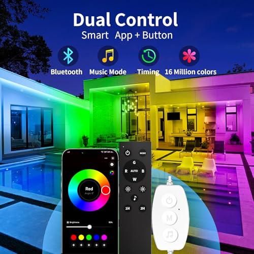 50ft Waterproof RGB LED Strip Lights, Smart Bluetooth Outdoor Rope Lights