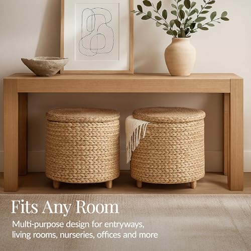 17-Inch Round Woven Water Hyacinth Storage Ottoman with Lid and Wooden Legs