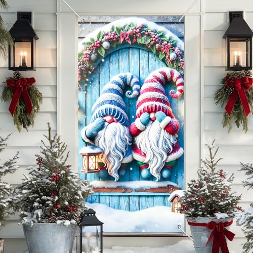 IVN Gnome Lantern Christmas Door Cover 35x71 Inch Winter Holiday Decor