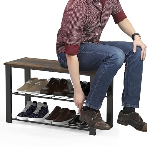 2-Tier Shoe Rack Bench, Rustic Brown Metal Entryway Storage Organizer