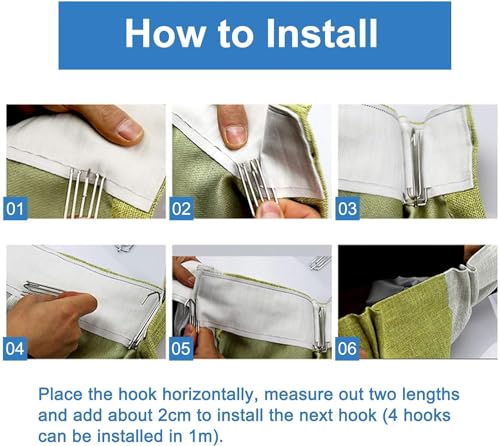 Curtain Pleat Tape Set with 30 Stainless Steel 4-Prong Hooks, 10 Meters