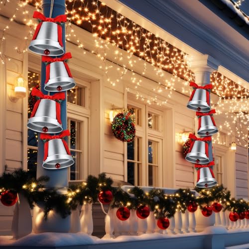 MorningRo Silver 8+6.5in Large Christmas Bells Set for Holiday Decor - Outdoor & Indoor Xmas Ornaments