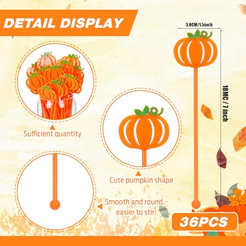 36 Pcs Fall Pumpkin Coffee Stirrers - Halloween Drink Stir Sticks, Reusable Plastic