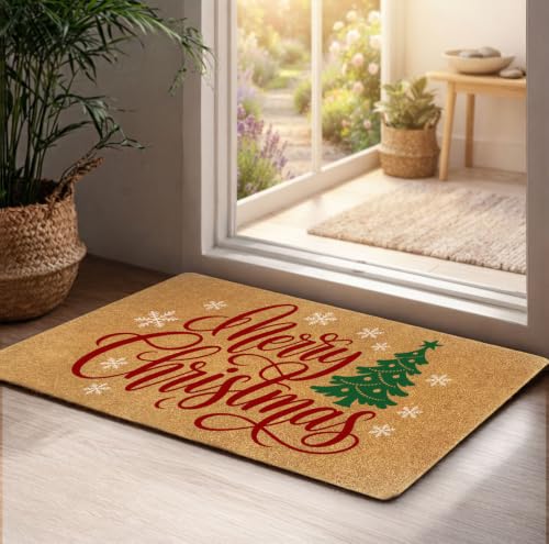 Merry Christmas Tree Door Mat - Holiday Coir Doormat with Snowflakes