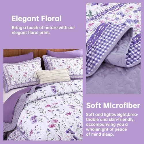 Floral Quilt Set Queen, Purple Flower Bedspread Coverlet for All Seasons